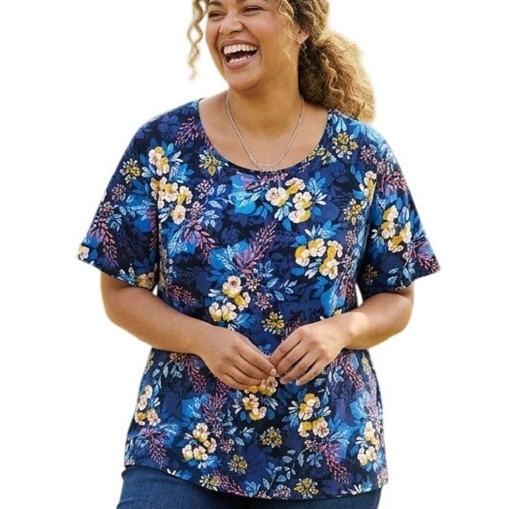 Denim & Co Floral Knit Top Womens Size 2X Blue Yellow Tropical Hawaiian Bold Tee